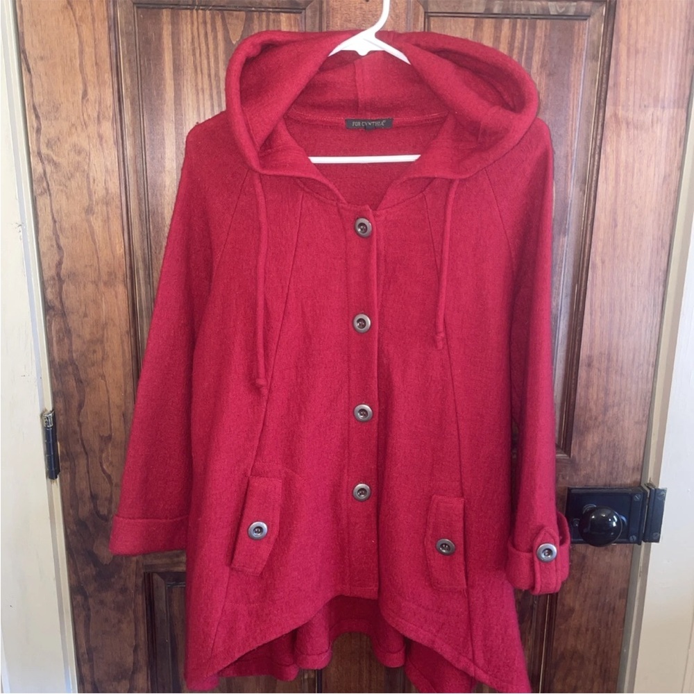 For Cynthia Red Hooded Wool Blend Jacket, S/M